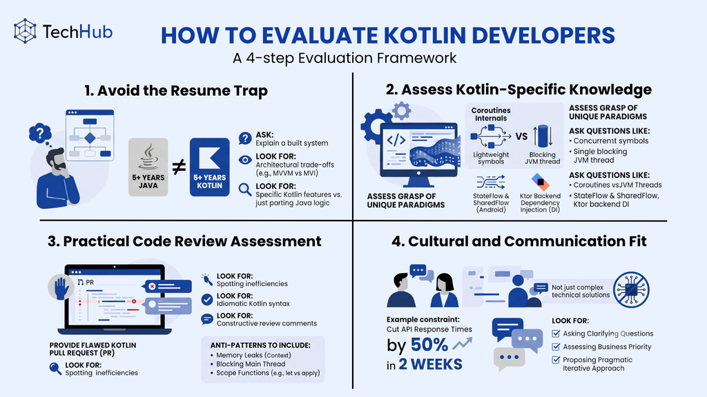 A four-step evaluation framework of how to evaluate kotlin developers: check resume, assess kotlin-specific knowledge, practical code review assessment, cultural and communication fit