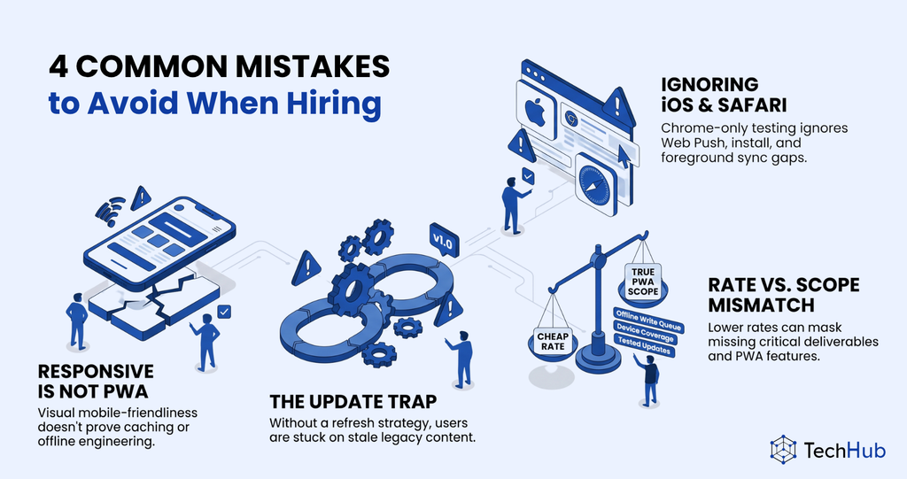 Infographic detailing '4 Common Mistakes to Avoid When Hiring' PWA developers by TechHub: 1) Responsive is Not PWA (mobile-friendliness isn't offline engineering), 2) The Update Trap (stale legacy content), 3) Ignoring iOS & Safari (Chrome-only testing ignores Web Push/install), and 4) Rate vs. Scope Mismatch (cheap rates masking missing features like offline write queue and tested updates).