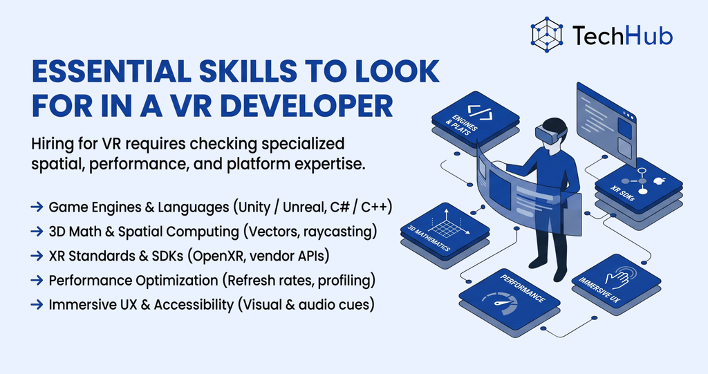 essential skills to look for in a vr developer. TechHub Asia infographic showing essential VR developer skills: Unity and Unreal Engine, C# and C++, 3D mathematics, spatial computing, OpenXR and XR SDKs, performance optimization, immersive UX, and accessibility.